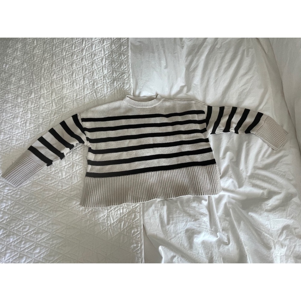 Gap Kids Sweater Striped Shaker Knit Crewneck 100% Cotton Cream Navy Size M